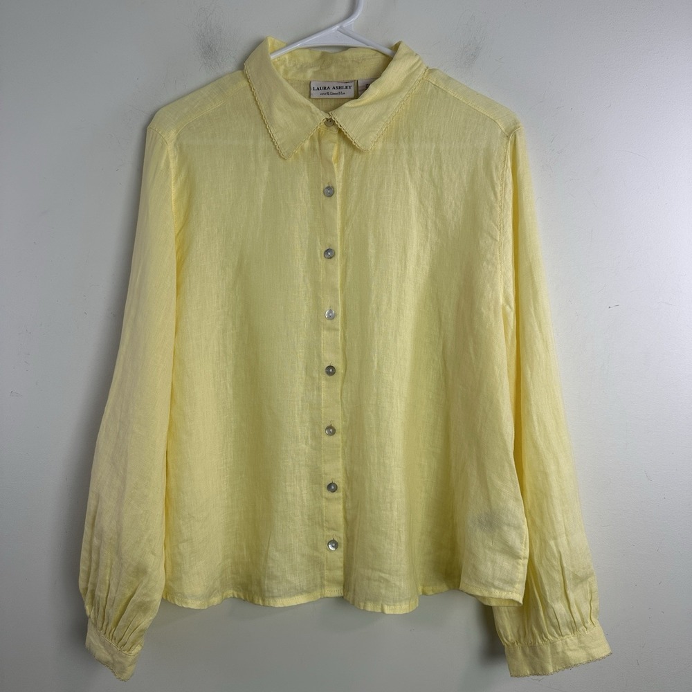 Laura Ashley L Shirt Butter Yellow Linen Button Up Long Sleeve Coastal Preppy - Picture 1 of 9